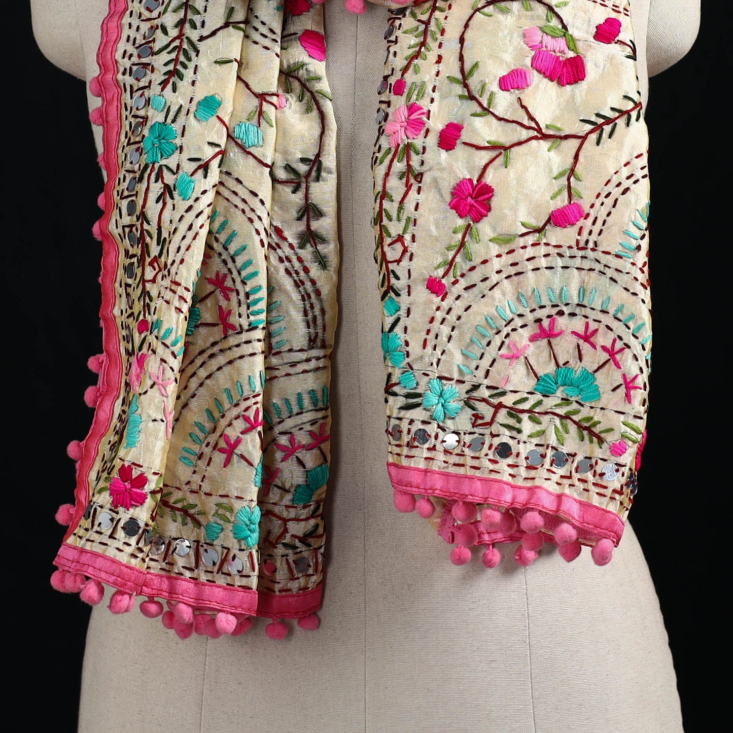 Ranihati Chanderi Silk Hand Embroidered Stole with Pom Pom 293