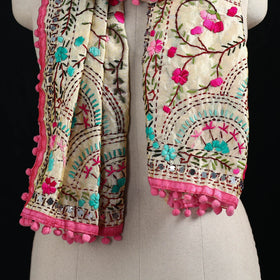 Ranihati Chanderi Silk Hand Embroidered Stole with Pom Pom 293