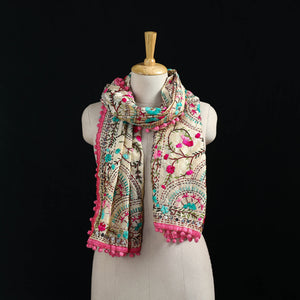 Ranihati Chanderi Silk Hand Embroidered Stole with Pom Pom 293
