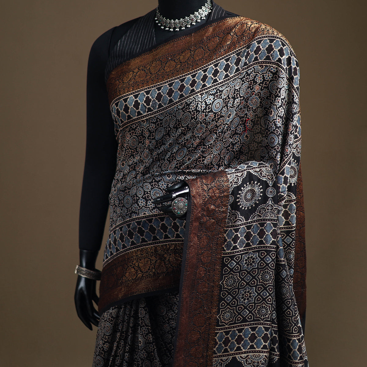 Ajrakh Hand Block Print Natural Dyed Zari Work Chanderi Silk Saree 17