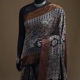 Ajrakh Hand Block Print Natural Dyed Zari Work Chanderi Silk Saree 17