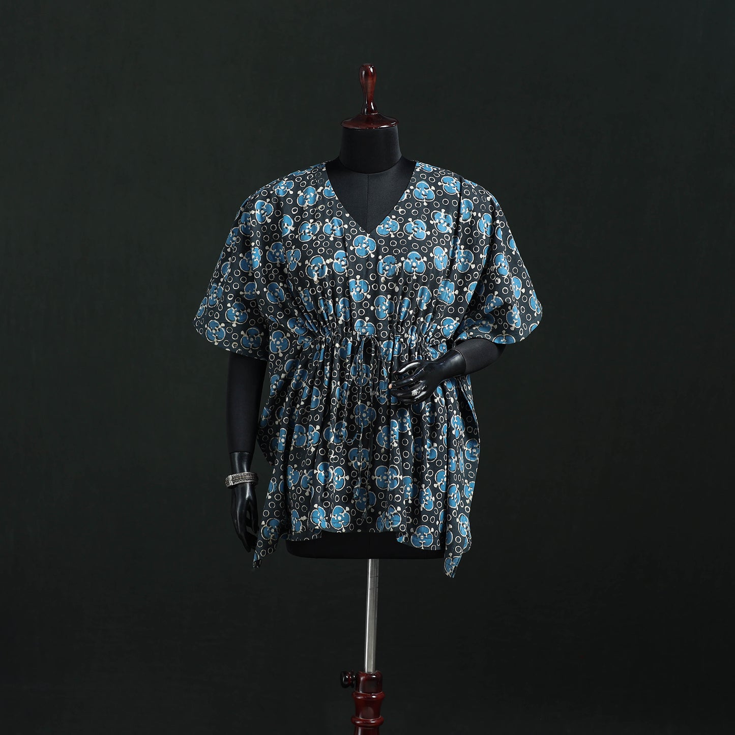 Blue - Pipad Hand Block Print Natural Dyed Cotton Kaftan (Short) 44