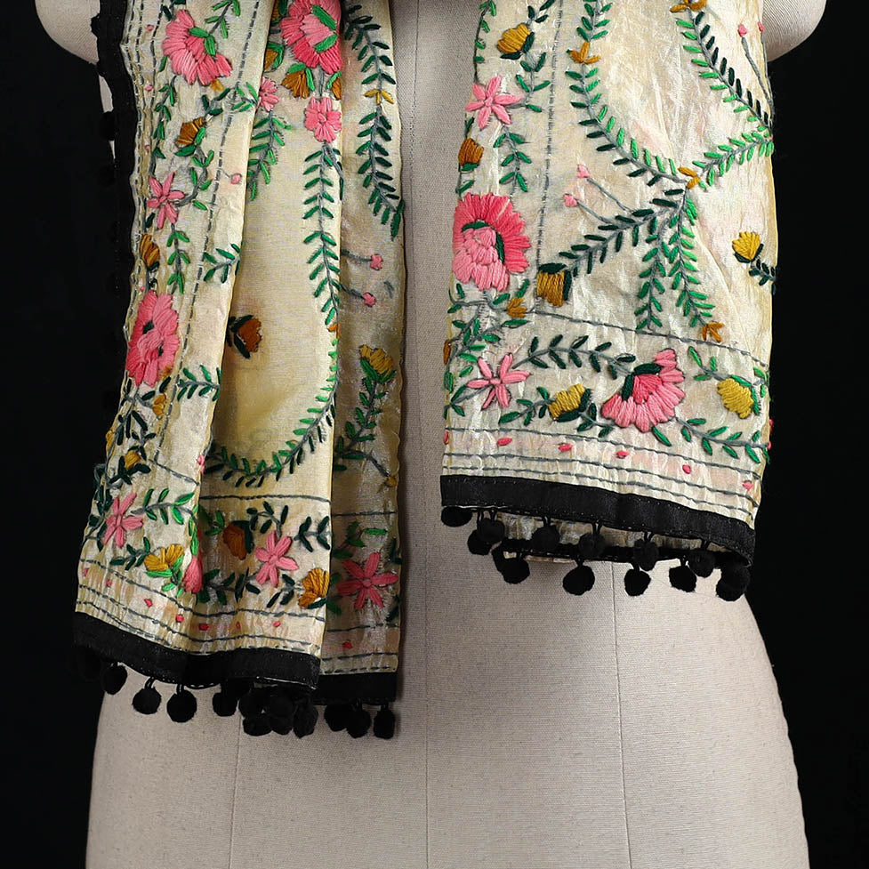 Ranihati Chanderi Silk Hand Embroidered Stole with Pom Pom 294