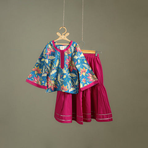 Girls Gota Work Floral Block Print Cotton Kurta with Sharara Set (3-4 Years) 12