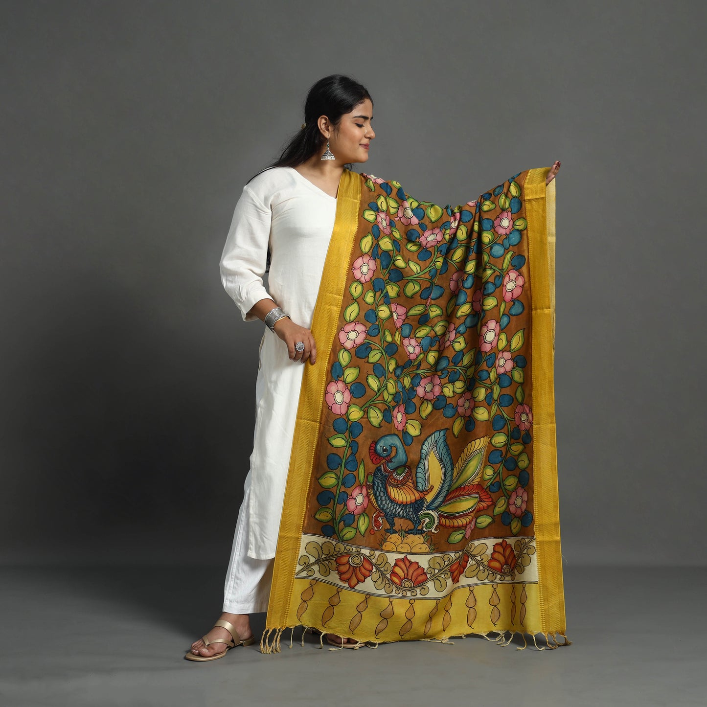 Brown - Mangalagiri Silk Cotton Handpainted Kalamkari Dupatta 01