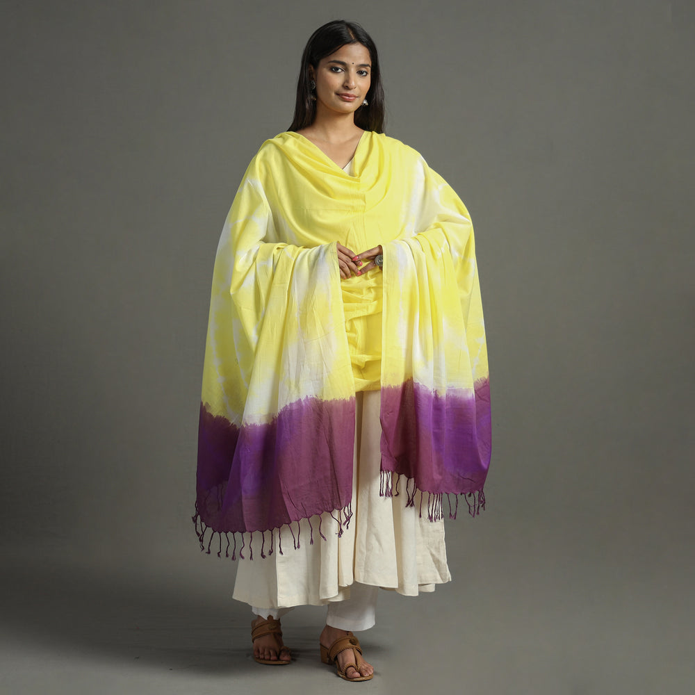 Yellow - Shibori Tie-Dye Cotton Dupatta with Tassels 78