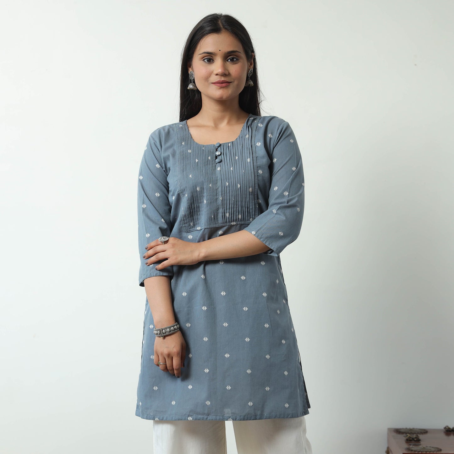 Grey - Jacquard Cotton Pintuck Short Kurta 35