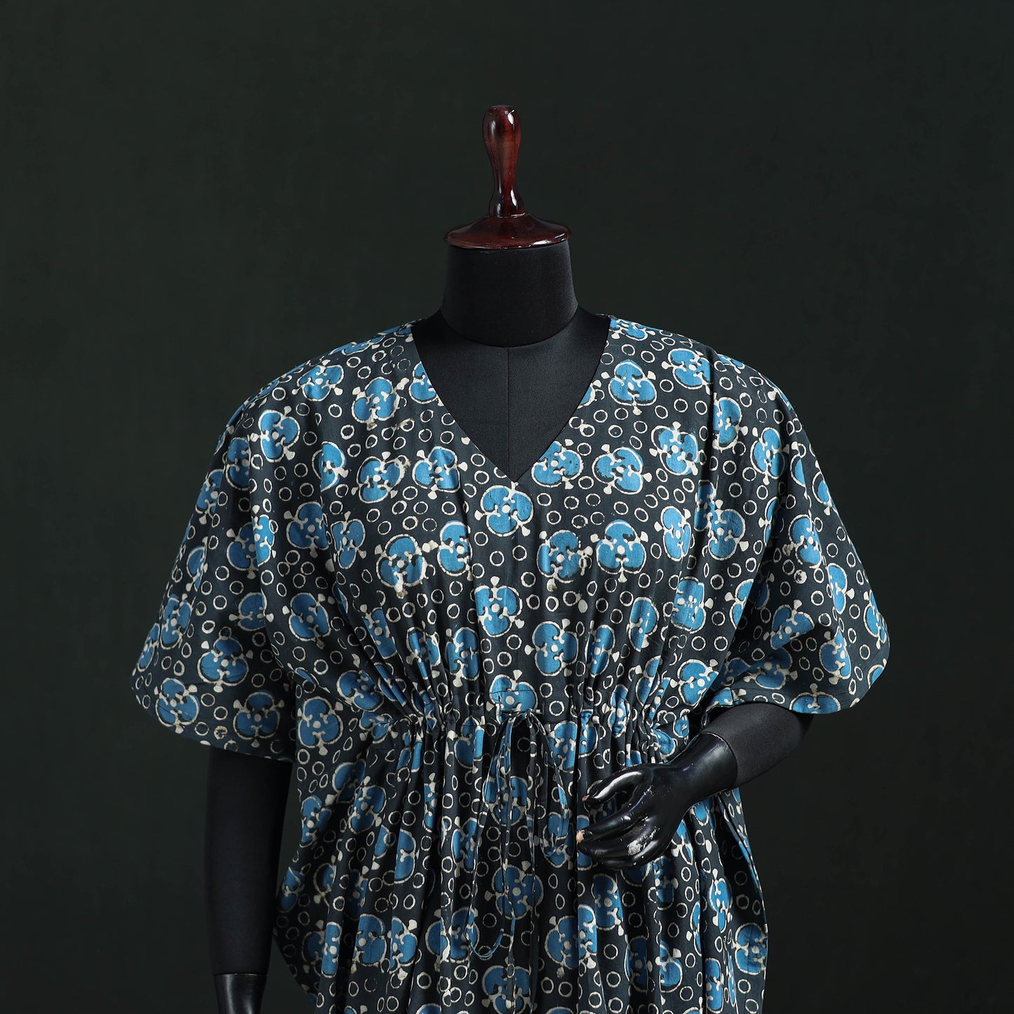 Blue - Pipad Hand Block Print Natural Dyed Cotton Kaftan (Short) 44