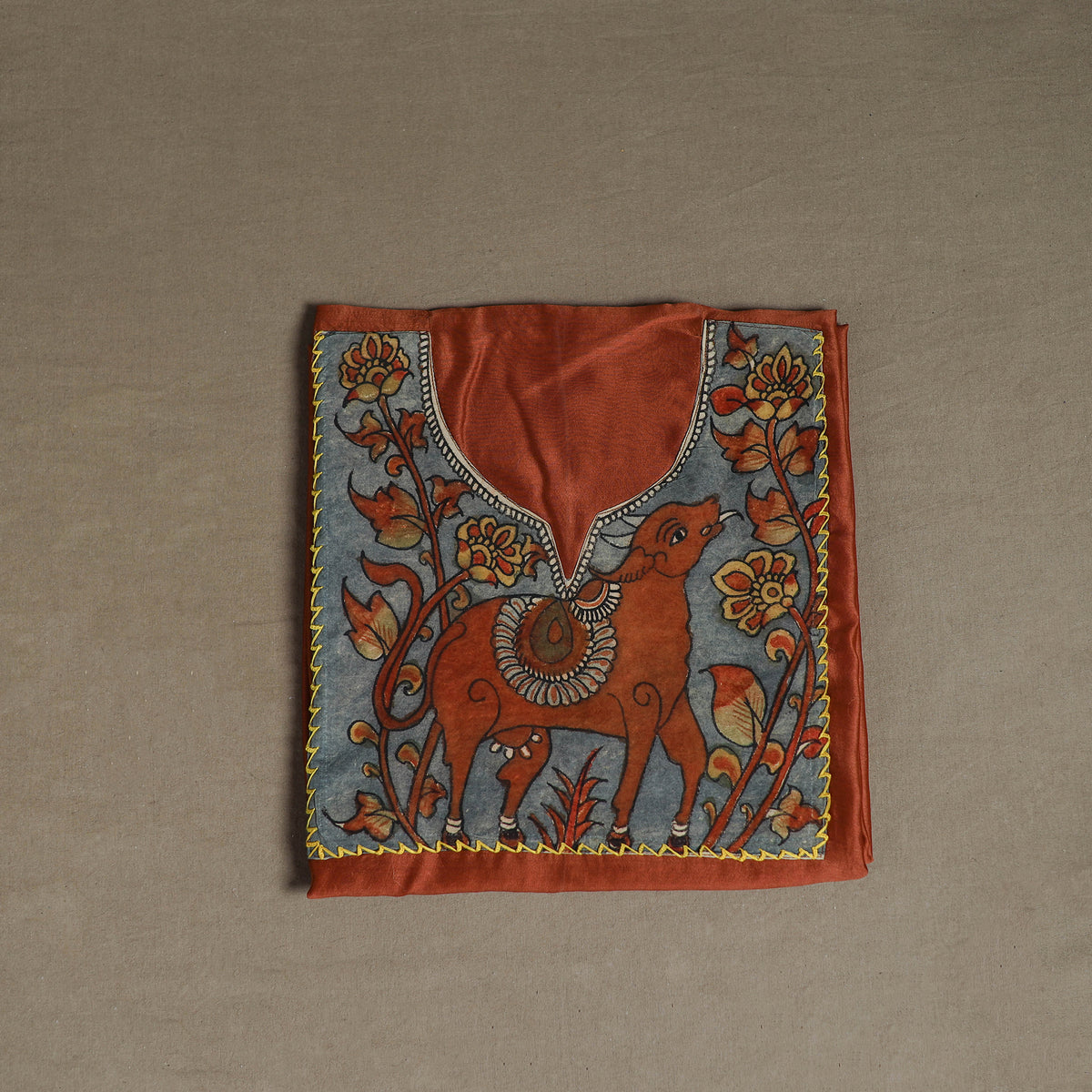 Orange - Handpainted Srikalahasti Handloom Chanderi Silk Unstitched Kurta (2.3M) 10