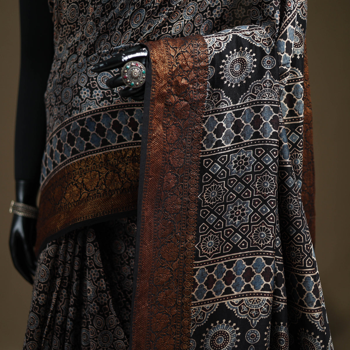 Ajrakh Hand Block Print Natural Dyed Zari Work Chanderi Silk Saree 17