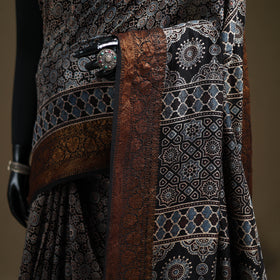 Ajrakh Hand Block Print Natural Dyed Zari Work Chanderi Silk Saree 17
