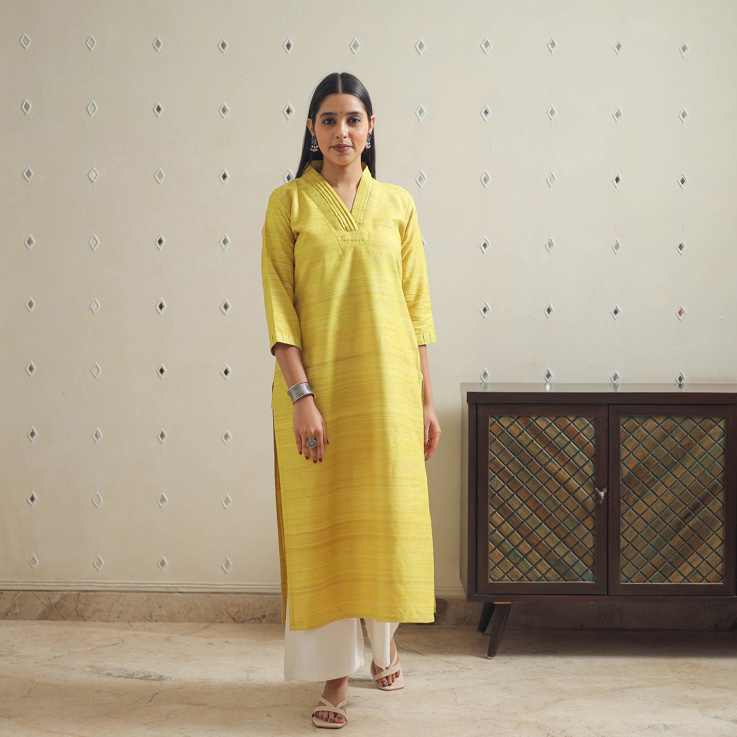 Yellow - Bhagalpuri Handwoven Desi Tussar Silk Plain Kurta 09