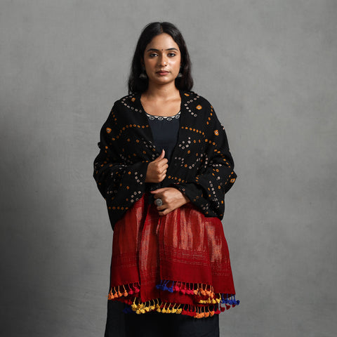 Black - Kutch Zari Work Handwoven Bandhani Woolen Shawl 22