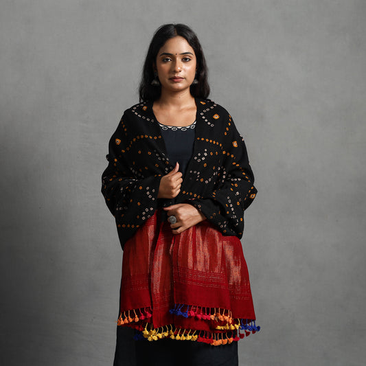 Black - Kutch Zari Work Handwoven Bandhani Woolen Shawl 22