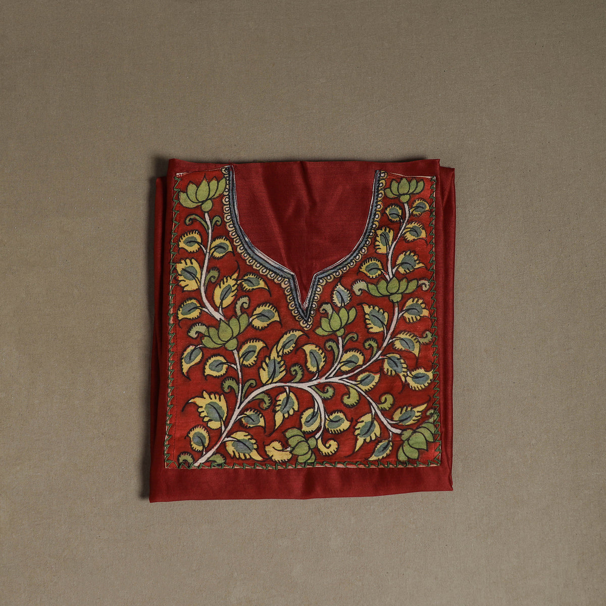 Red - Handpainted Srikalahasti Handloom Chanderi Silk Unstitched Kurta (2.3M) 09