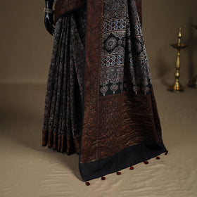 Ajrakh Hand Block Print Natural Dyed Zari Work Chanderi Silk Saree 17