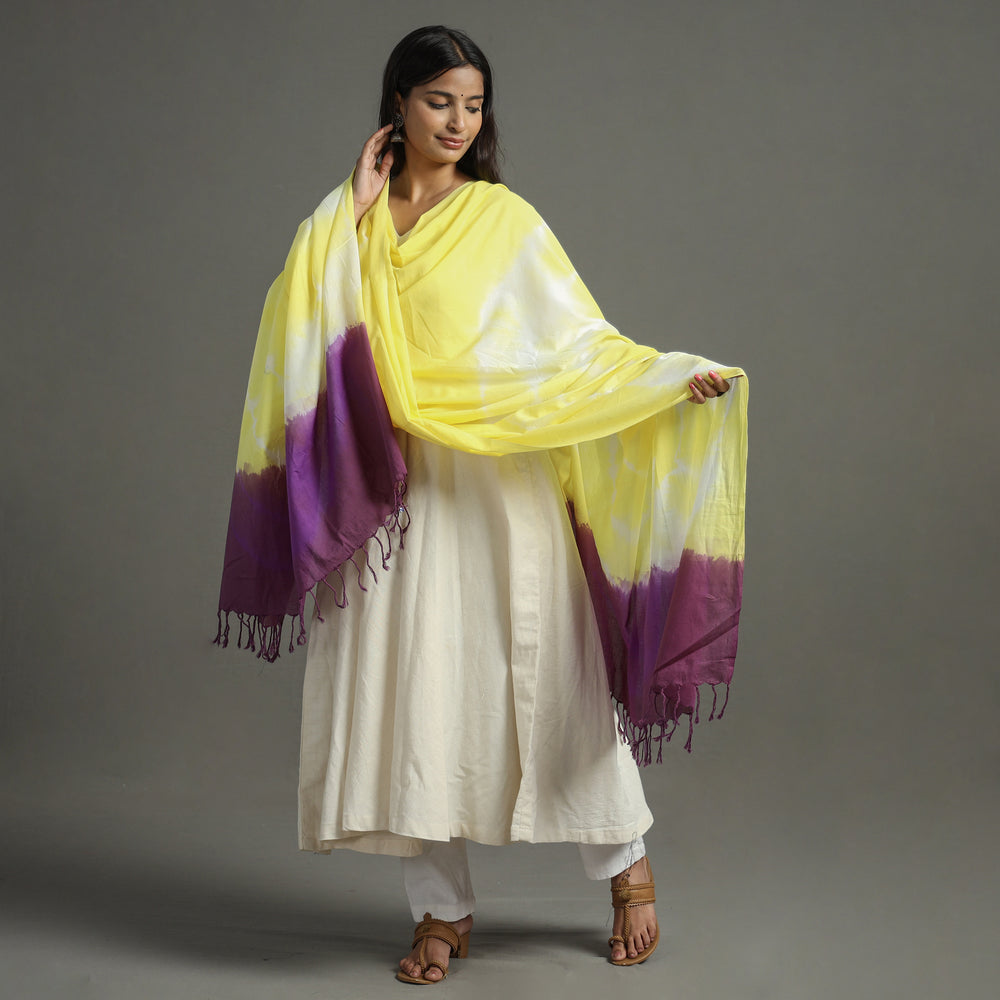 Yellow - Shibori Tie-Dye Cotton Dupatta with Tassels 78