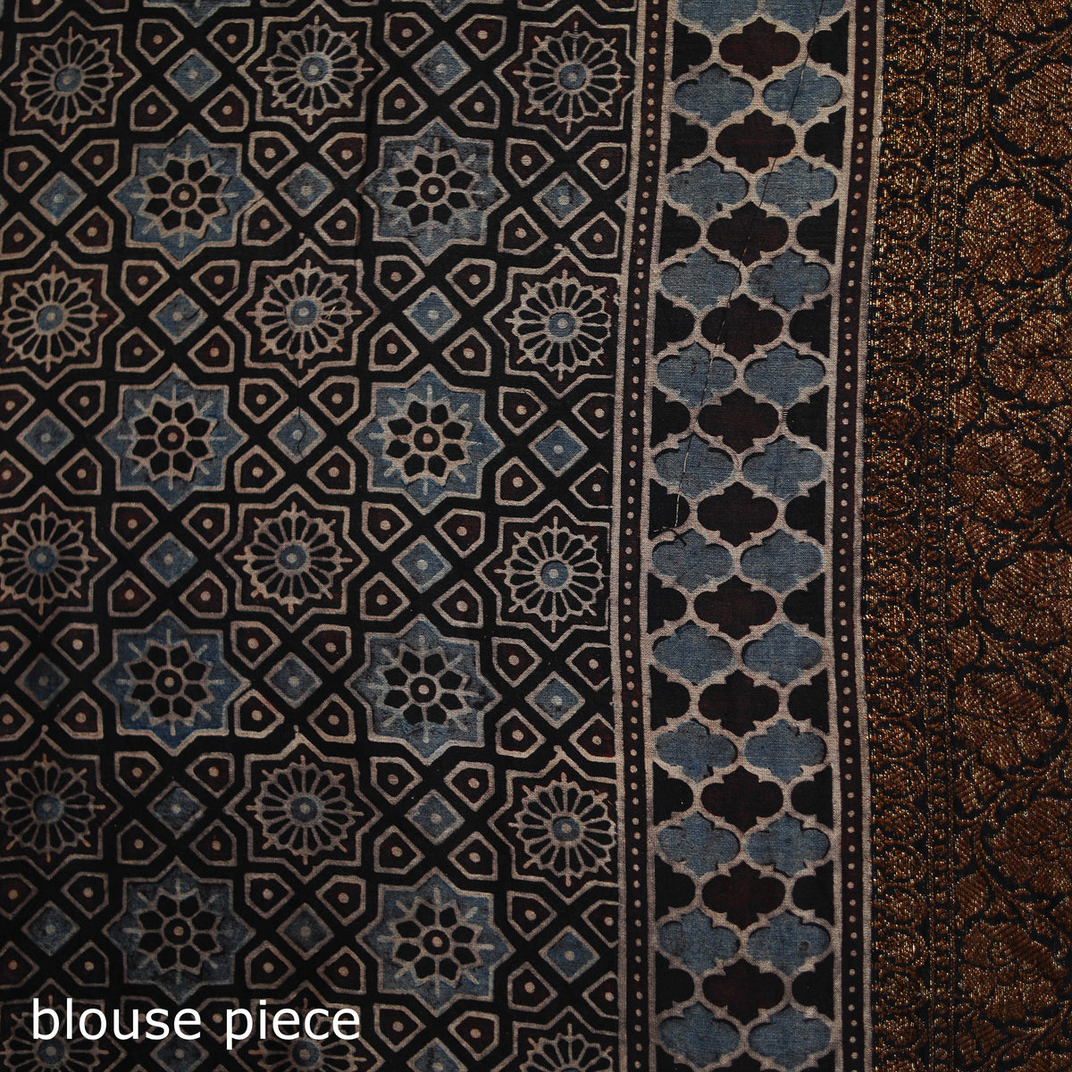 Ajrakh Hand Block Print Natural Dyed Zari Work Chanderi Silk Saree 17