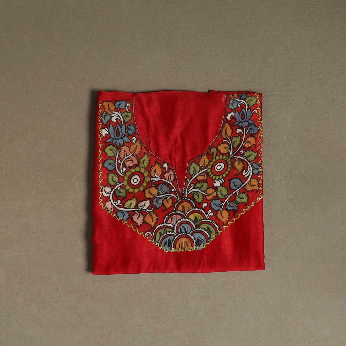 Red - Handpainted Srikalahasti Handloom Chanderi Silk Unstitched Kurta (2.3M) 08