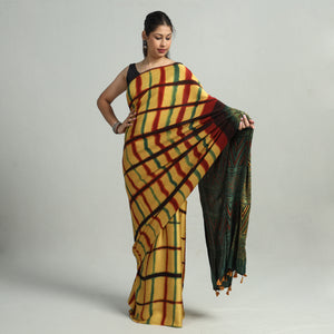 Yellow - Ajrakh Block Printed Clamp Dyed Modal Silk Saree with Tassels 20