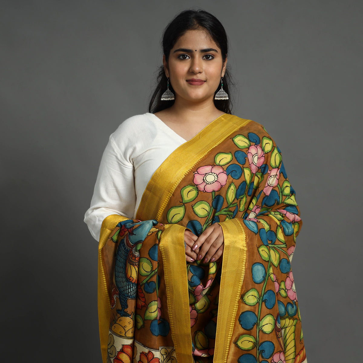 Brown - Mangalagiri Silk Cotton Handpainted Kalamkari Dupatta 01