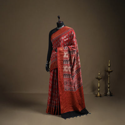 Ajrakh Hand Block Print Natural Dyed Zari Work Chanderi Silk Saree 18