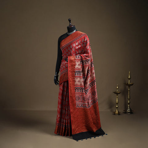 Ajrakh Hand Block Print Natural Dyed Zari Work Chanderi Silk Saree 18