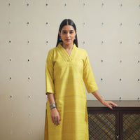 Yellow - Bhagalpuri Handwoven Desi Tussar Silk Plain Kurta 09