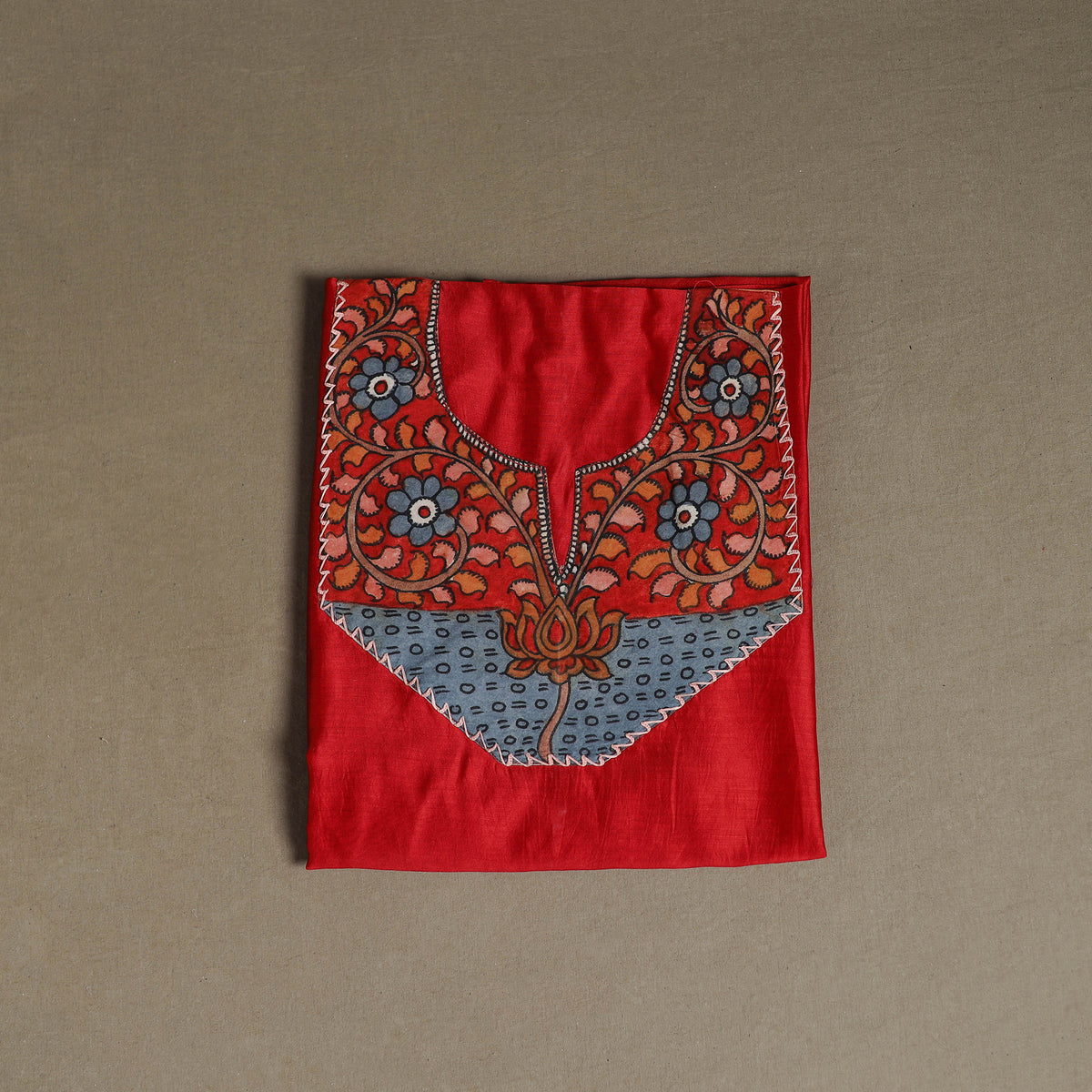 Red - Handpainted Srikalahasti Handloom Chanderi Silk Unstitched Kurta (2.3M) 07