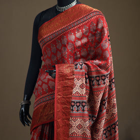 Ajrakh Hand Block Print Natural Dyed Zari Work Chanderi Silk Saree 18