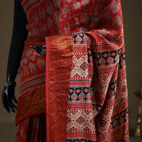Ajrakh Hand Block Print Natural Dyed Zari Work Chanderi Silk Saree 18
