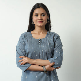 Grey - Jacquard Cotton Pintuck Short Kurta 35
