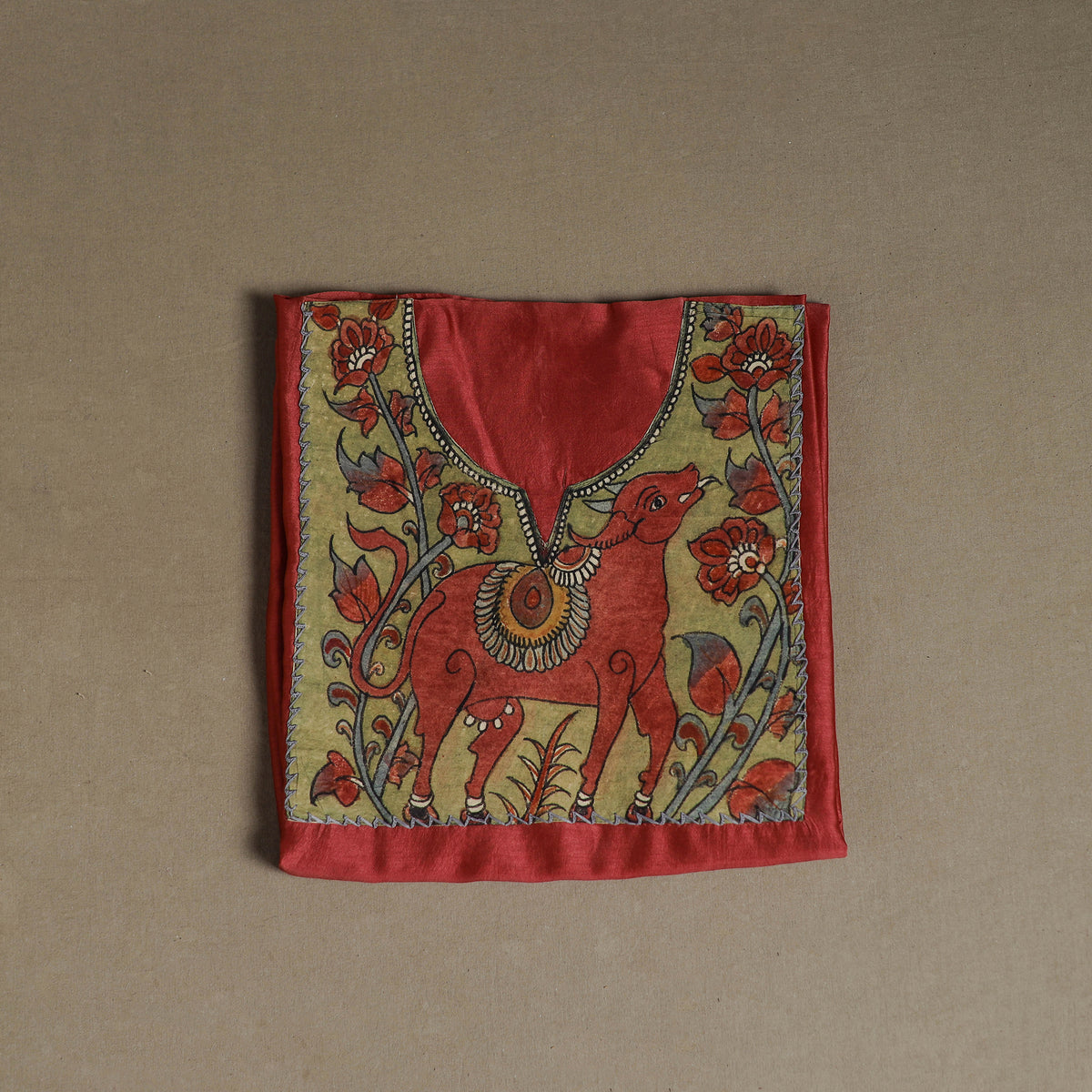 Red - Handpainted Srikalahasti Handloom Chanderi Silk Unstitched Kurta (2.3M) 06