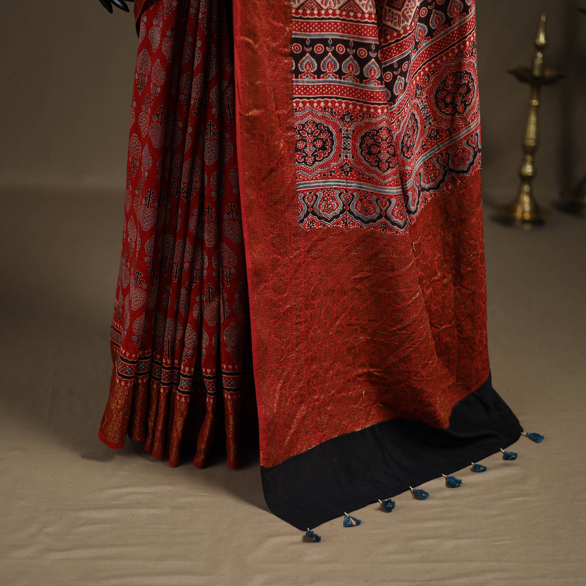 Ajrakh Hand Block Print Natural Dyed Zari Work Chanderi Silk Saree 18