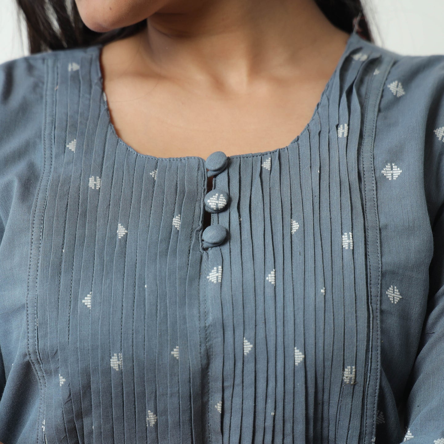Grey - Jacquard Cotton Pintuck Short Kurta 35