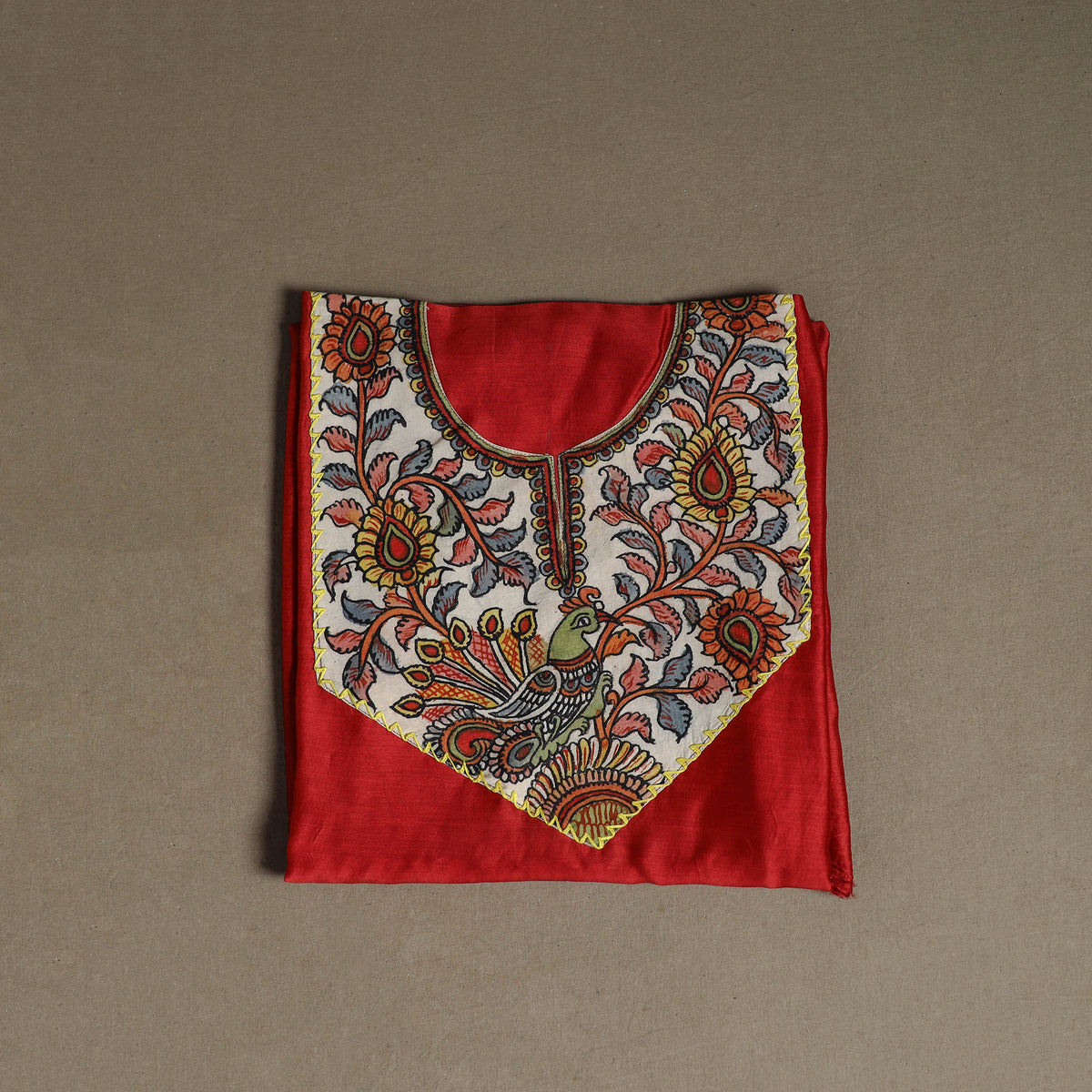 Red - Handpainted Srikalahasti Handloom Chanderi Silk Unstitched Kurta (2.3M) 05