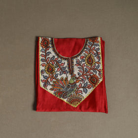 Red - Handpainted Srikalahasti Handloom Chanderi Silk Unstitched Kurta (2.3M) 05