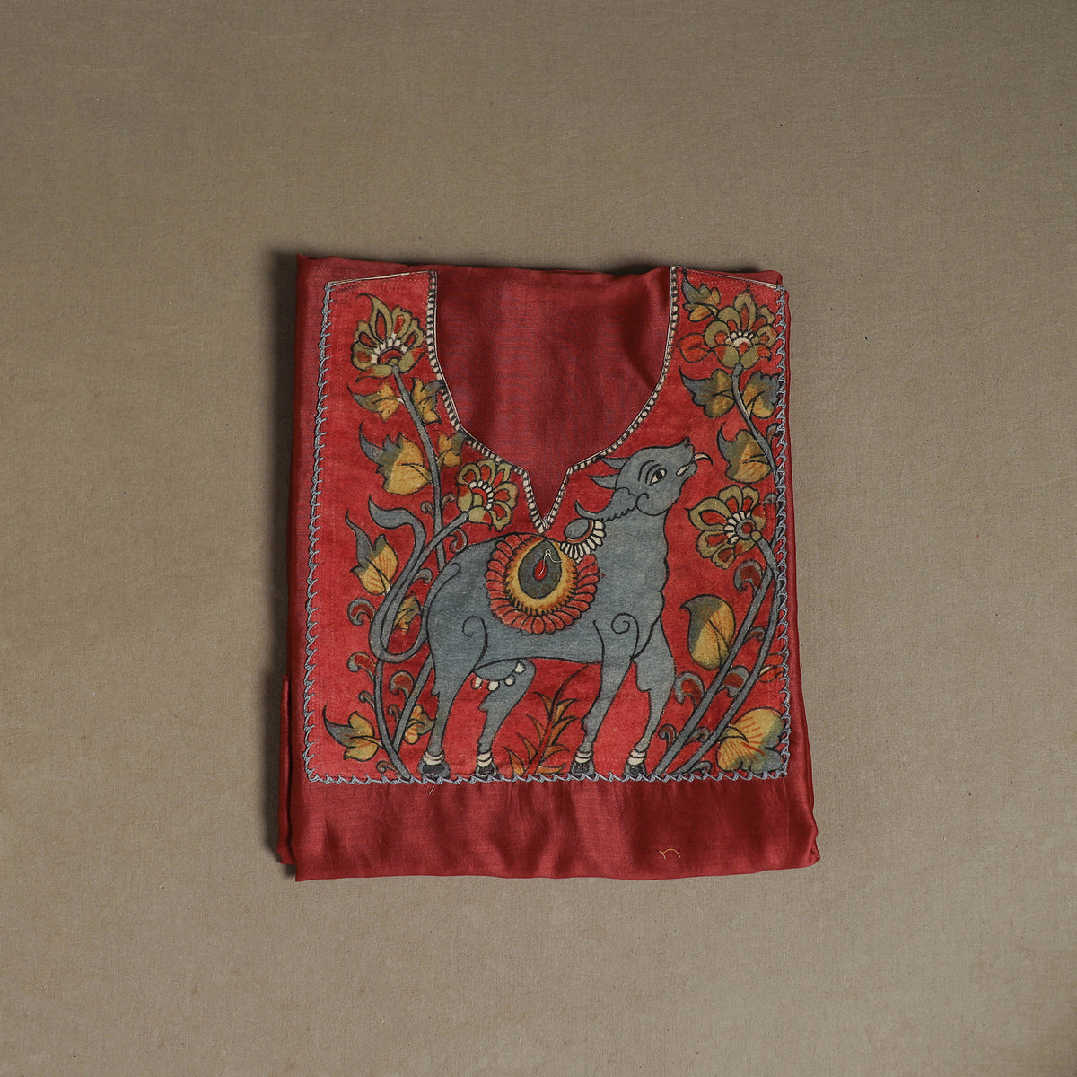 Red - Handpainted Srikalahasti Handloom Chanderi Silk Unstitched Kurta (2.3M) 04