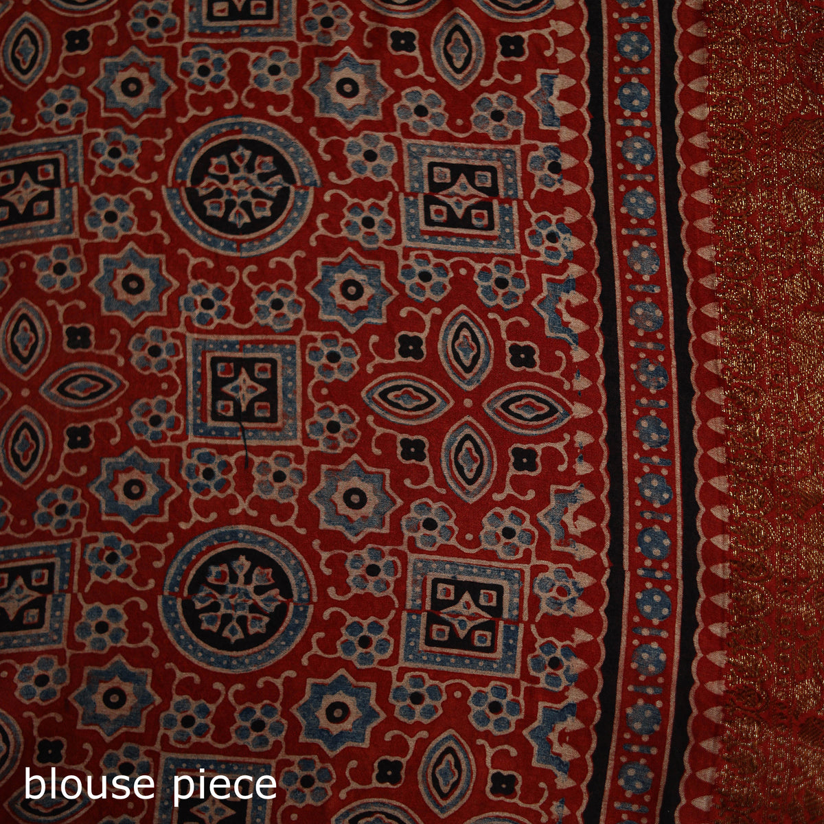Ajrakh Hand Block Print Natural Dyed Zari Work Chanderi Silk Saree 18