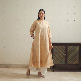 Beige Bhagalpuri Handwoven Desi Tussar Silk Plain Kurta for Women