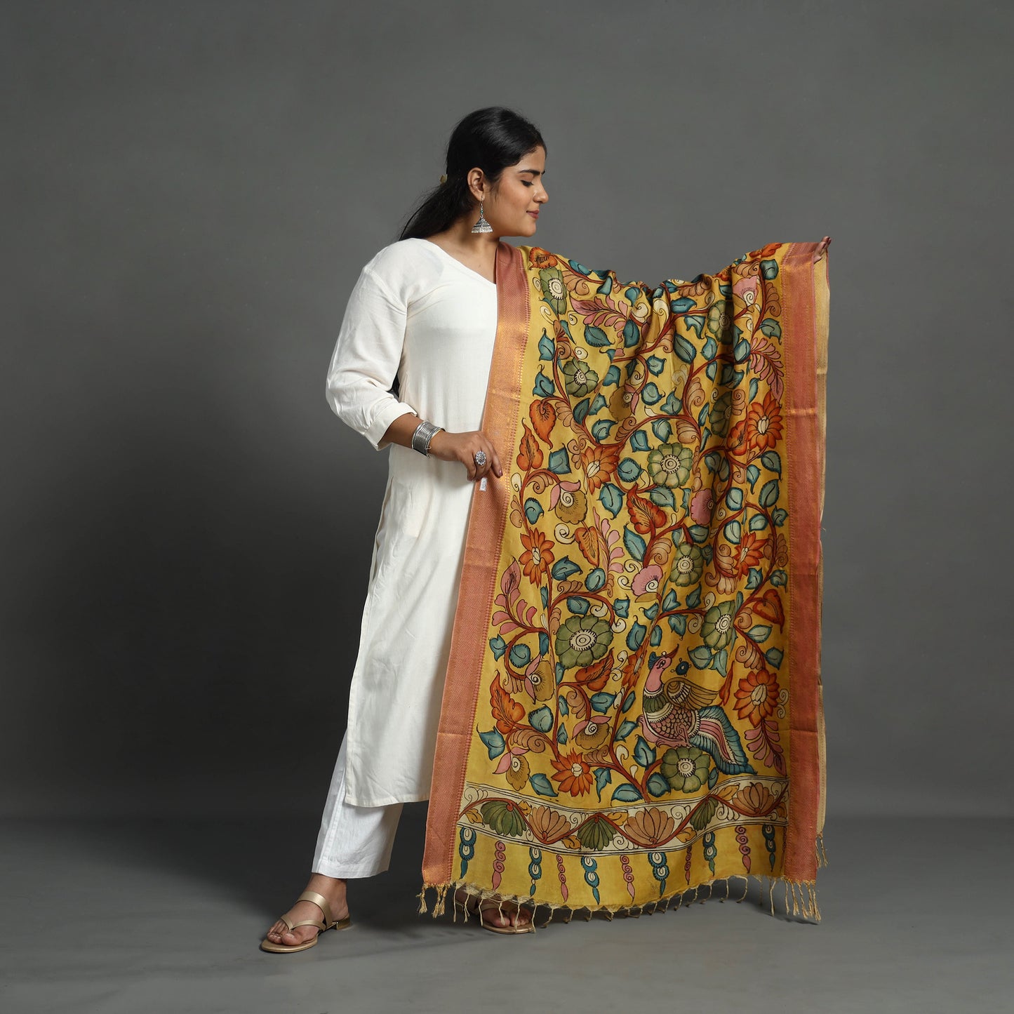 Yellow - Mangalagiri Silk Cotton Handpainted Kalamkari Dupatta 03