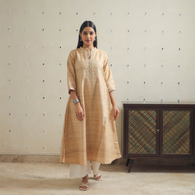 Beige Bhagalpuri Handwoven Desi Tussar Silk Plain Kurta for Women