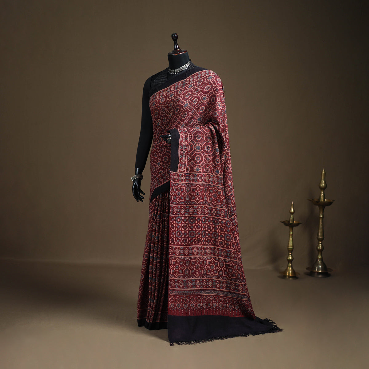 Handwoven Merino Wool Natural Dyed Hand Block Print Ajrakh Saree 11