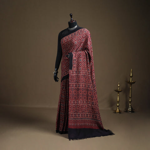 Handwoven Merino Wool Natural Dyed Hand Block Print Ajrakh Saree 11