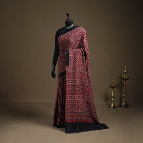 Handwoven Merino Wool Natural Dyed Hand Block Print Ajrakh Saree 11