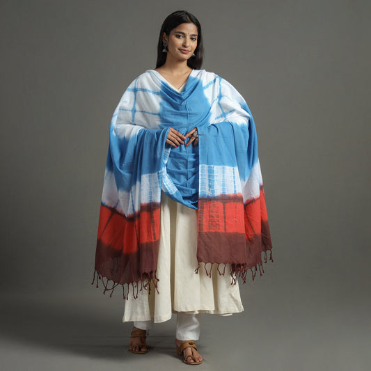 Blue - Shibori Tie-Dye Cotton Dupatta with Tassels 82