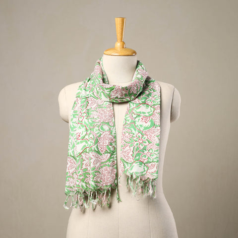 Buy Block Print Cotton Green Sanganeri Stole with Tassels