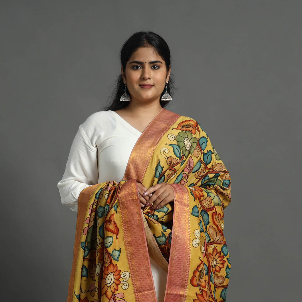 Yellow - Mangalagiri Silk Cotton Handpainted Kalamkari Dupatta 03