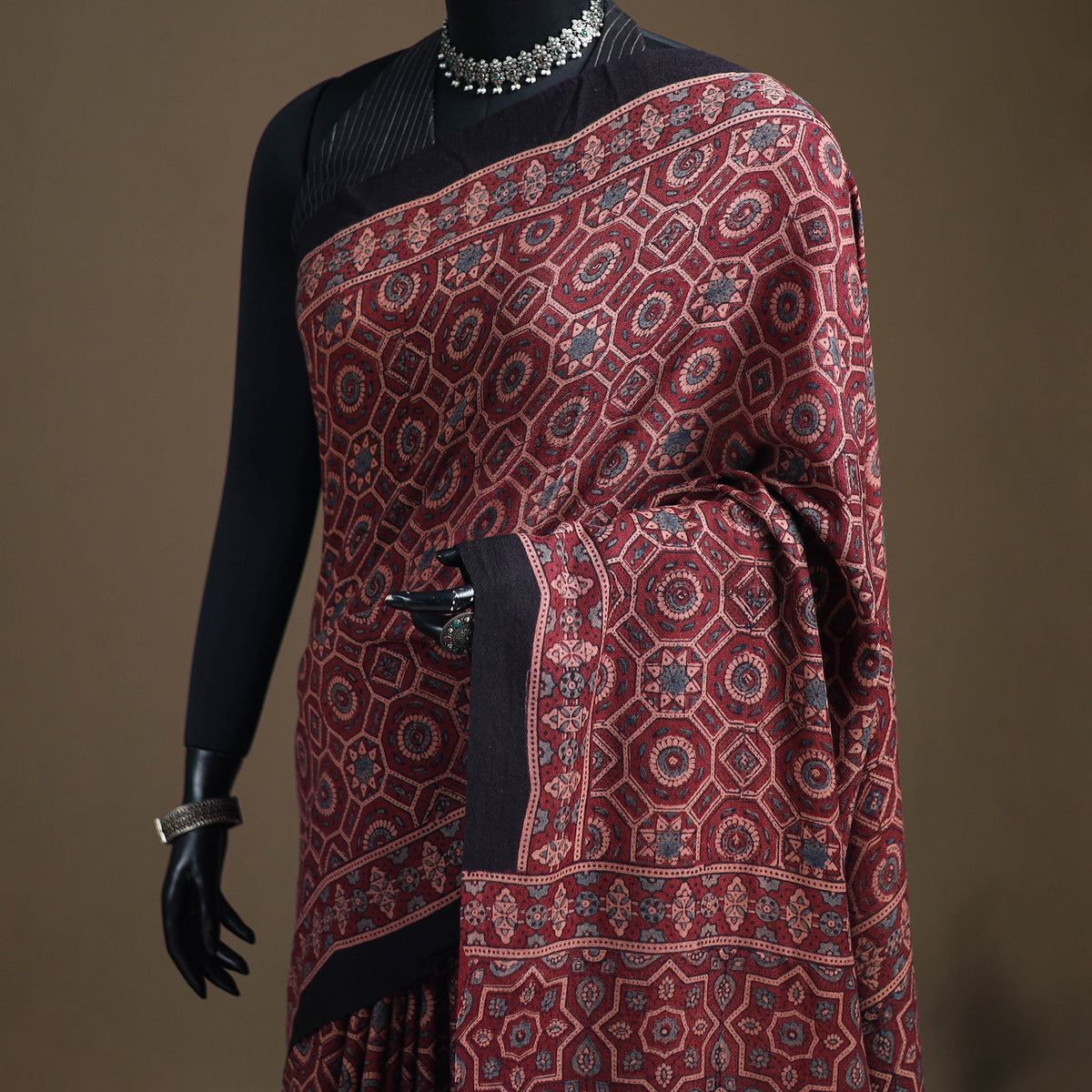 Handwoven Merino Wool Natural Dyed Hand Block Print Ajrakh Saree 11