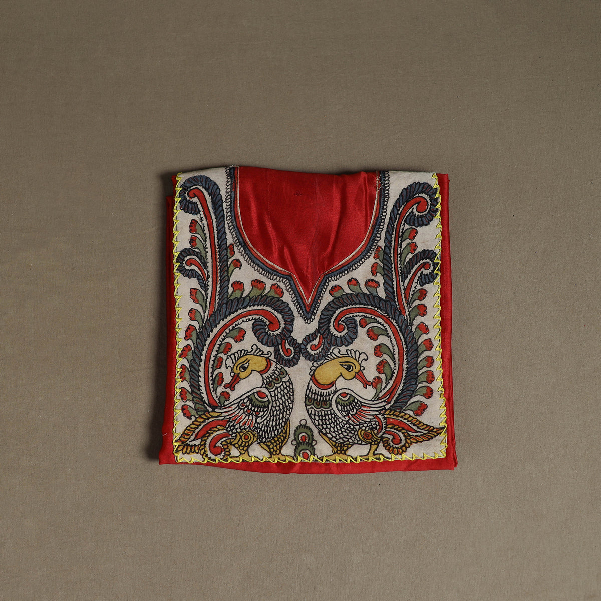 Red - Handpainted Srikalahasti Handloom Chanderi Silk Unstitched Kurta (2.3M) 03
